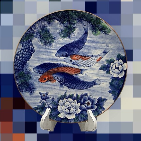Japanese Vintage Koi Fish and Lotus Blue 12" Charger/Small Platter Collectible - Picture 13 of 14
